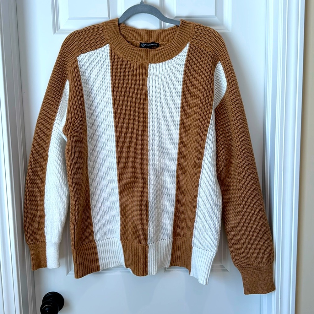 Pretty Garden Chic -‎ Color Block Ribbed Knit Sweater - Large - Tan White - NWOT